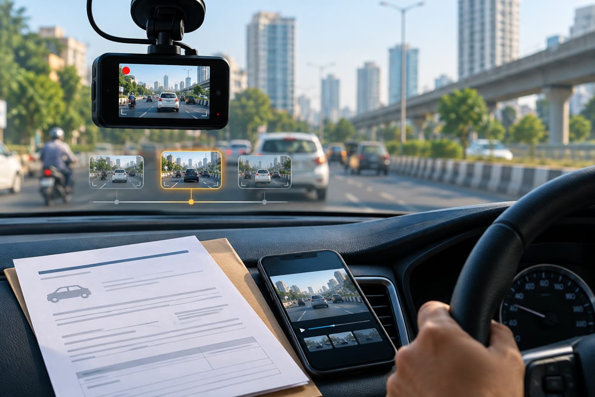 Illustrative dashboard camera recording an Indian city road beside an unbranded motor-insurance document