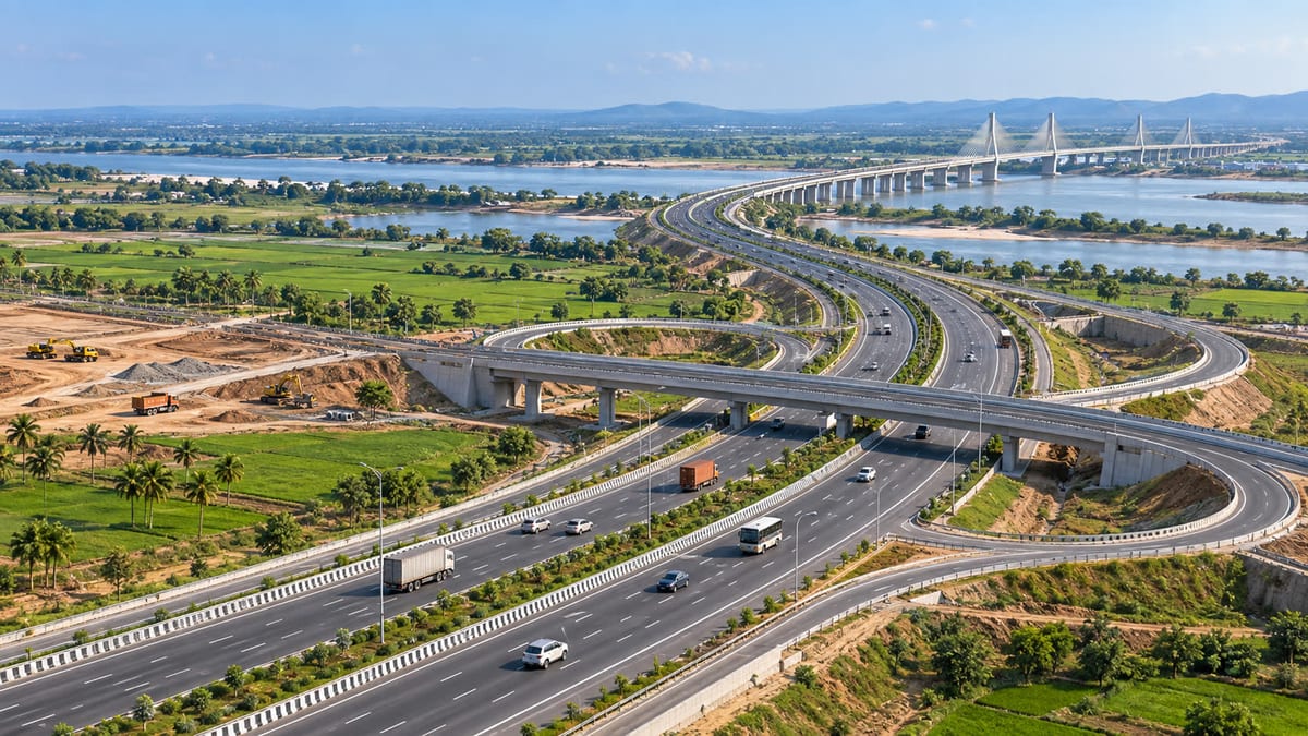 Illustrative aerial view of a planned six-lane access-controlled highway interchange in an Andhra Pradesh landscape