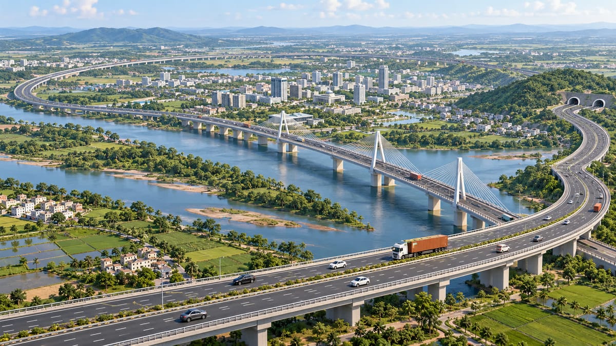 Illustrative aerial view of a proposed multi-lane ring road crossing a river around an Indian capital region