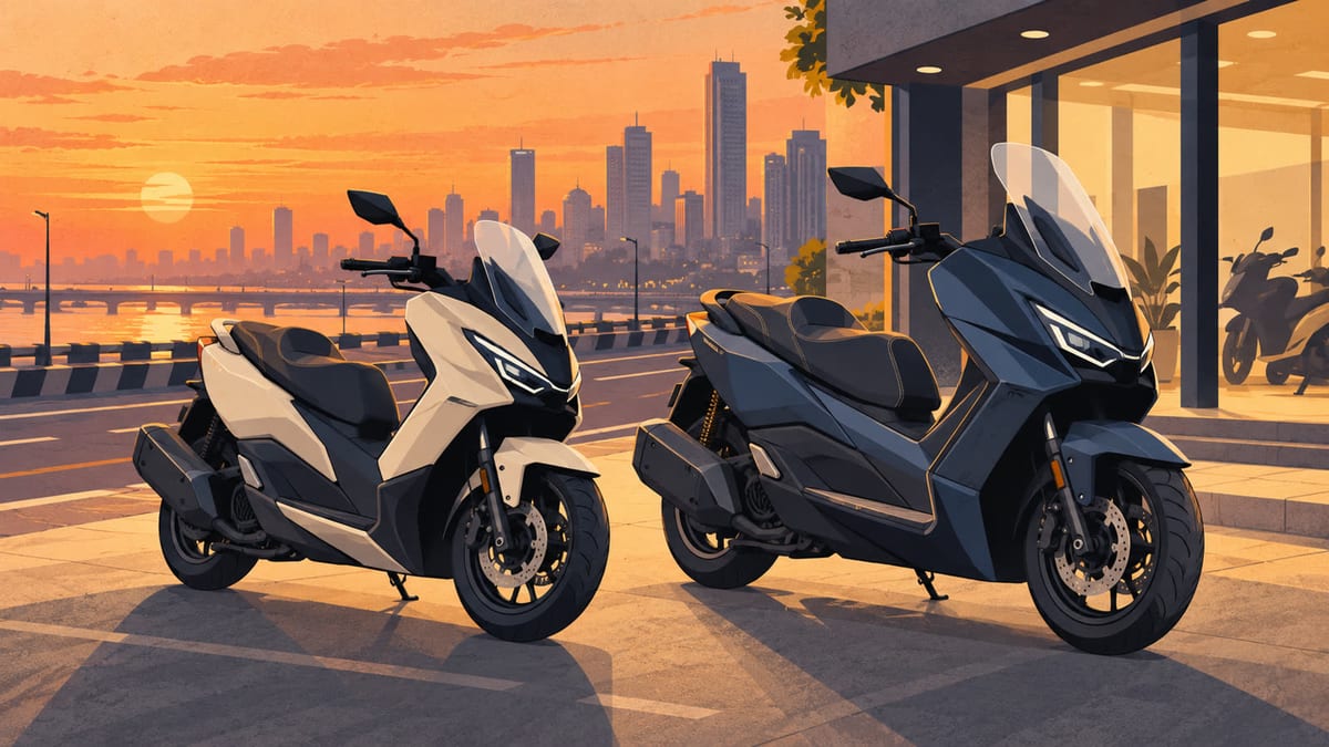 Illustrative editorial graphic of two unbranded maxi-scooters outside an urban dealership; not a photograph of the Aprilia SXR GT models