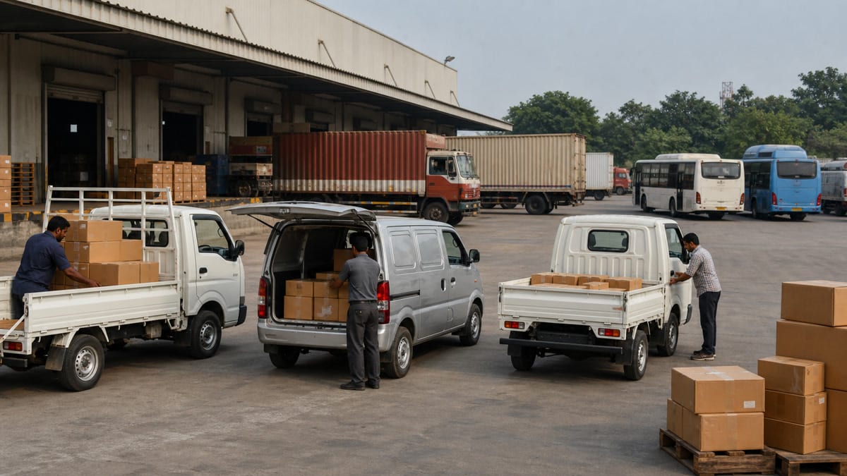 Unbranded light commercial vehicles being loaded at an Indian logistics yard with heavier trucks and buses parked in the background
