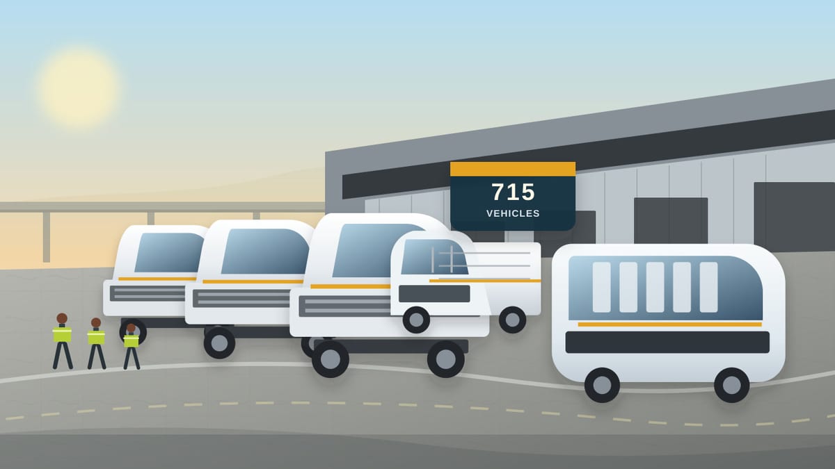 Illustration of new haulage trucks and a staff bus lined up at an Indian logistics yard for a 715-vehicle fleet order