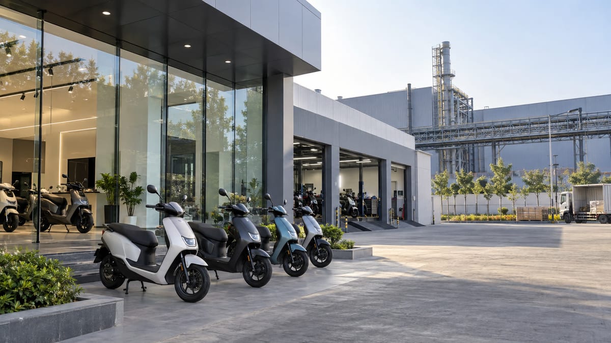 Unbranded electric scooters outside a modern dealership and service facility with an industrial plant in the background