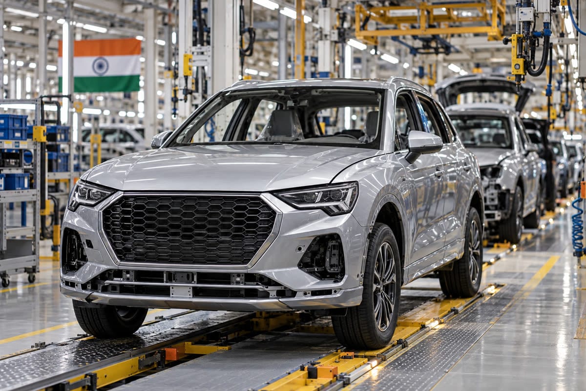 Editorial illustration of an unbranded compact luxury SUV on an Indian assembly line