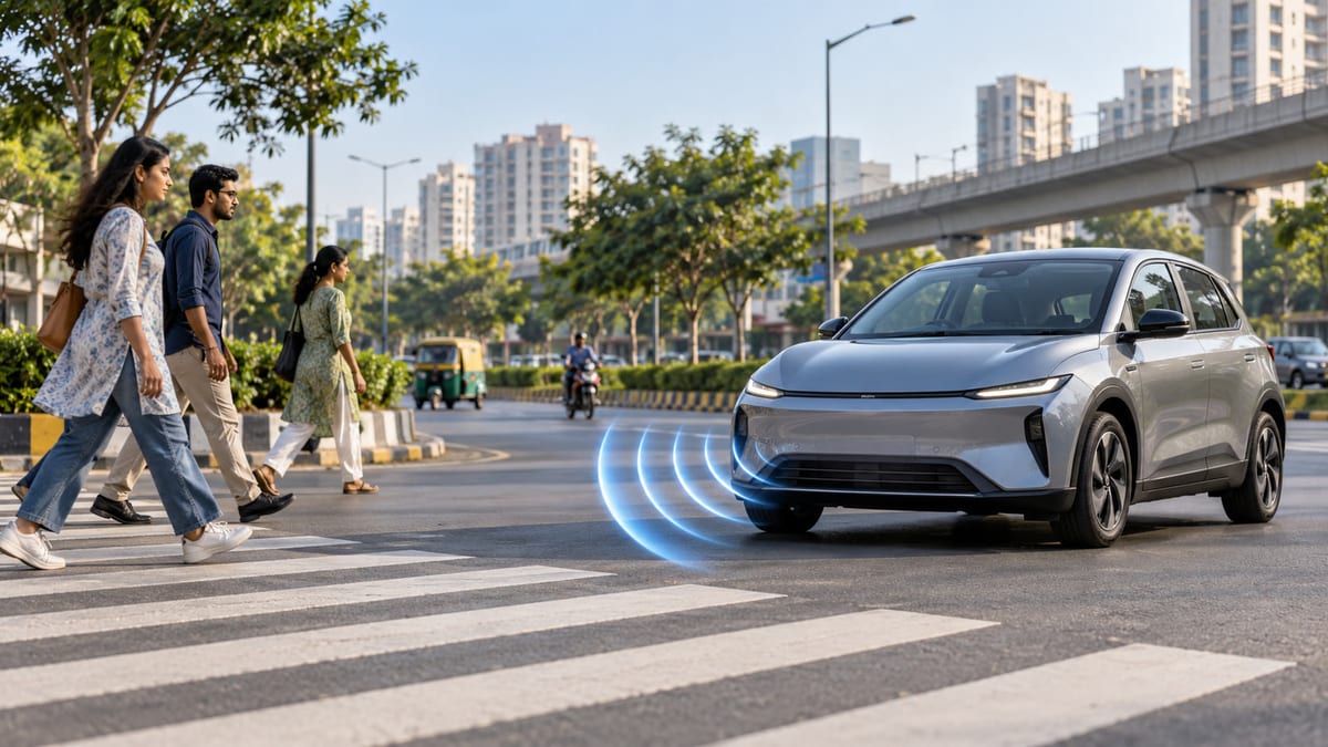 Illustrative unbranded electric car approaching a pedestrian crossing with AVAS sound-wave cues