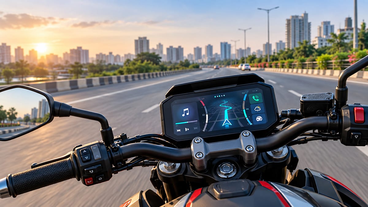 Illustrative motorcycle cockpit with a connected TFT dashboard on an Indian city road