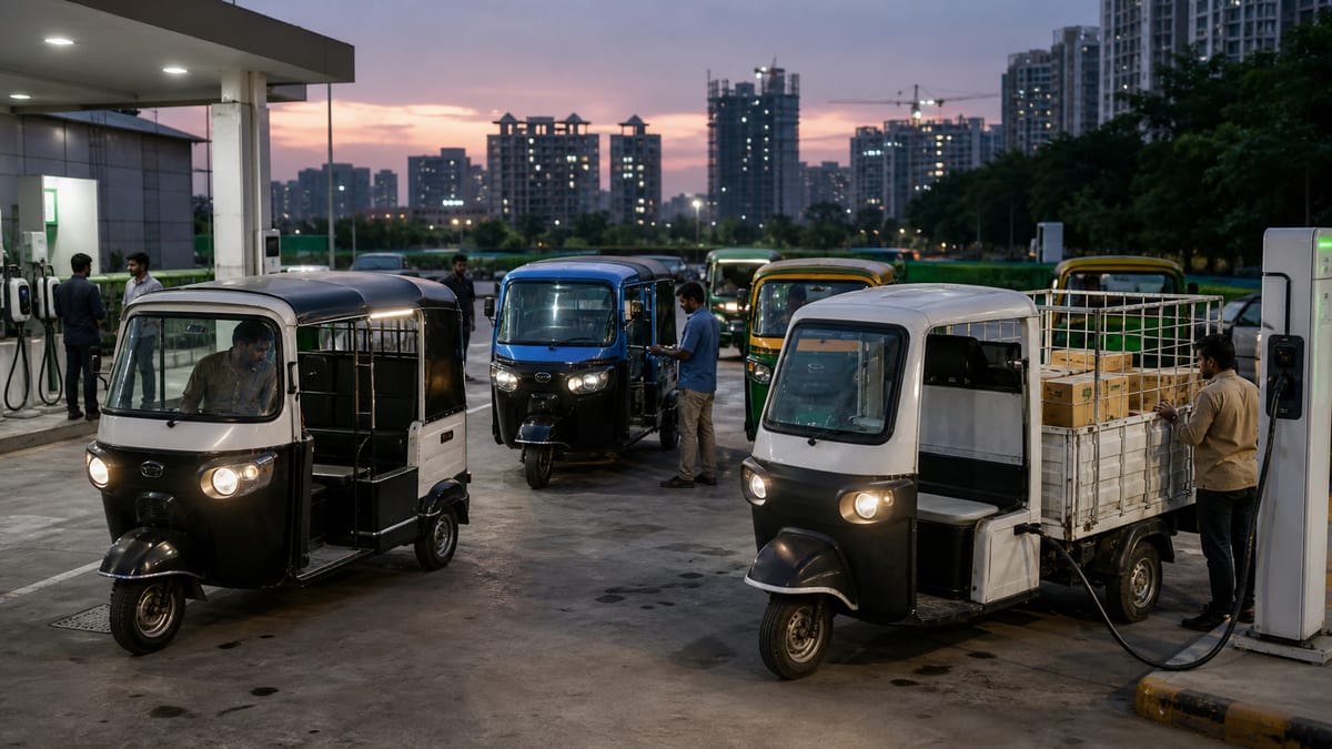 Electric passenger and cargo three-wheelers charging at an urban mobility hub in India