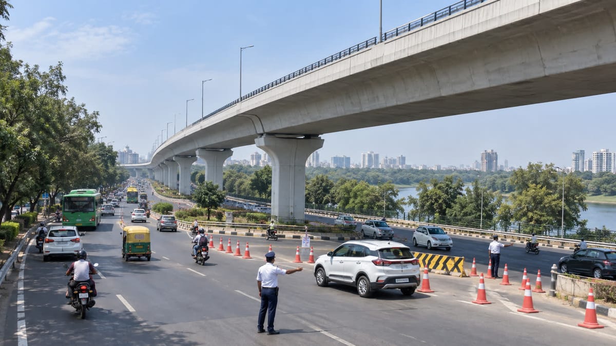 Elevated urban corridor above a Delhi road with cones and traffic diversion