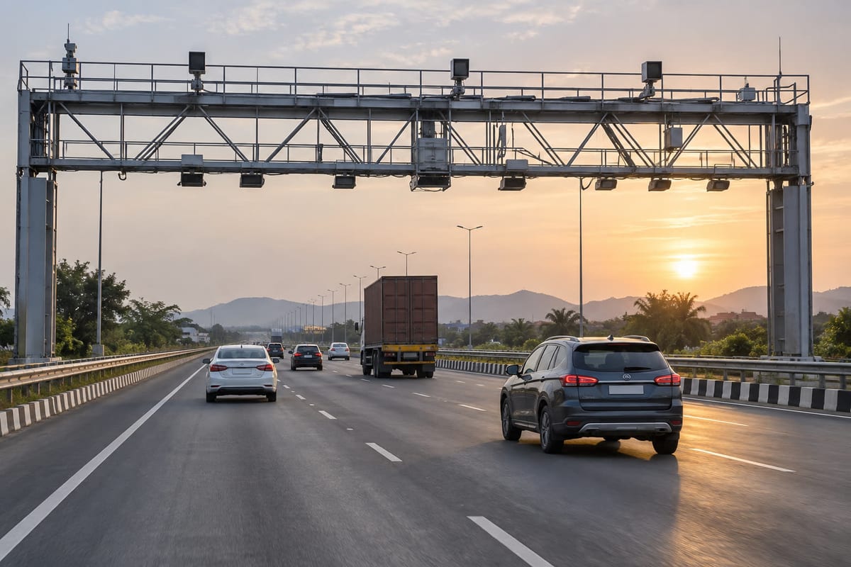 Overhead gantry with cameras and vehicles moving through a barrier-free highway tolling section