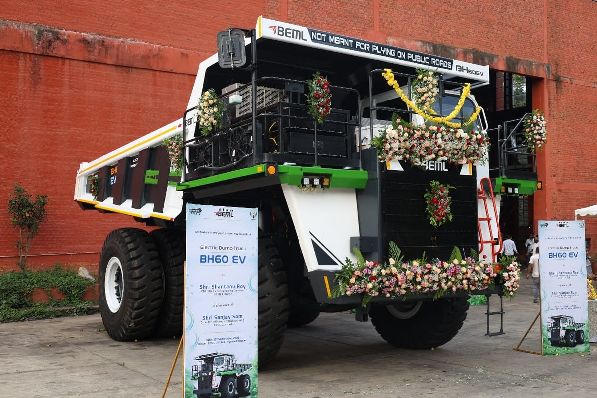 BEML BH60-EV 60-ton electric dump truck displayed at the company’s Mysuru complex