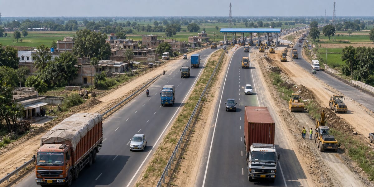 Bihar four lane highway upgrade with freight trucks, construction work and toll-ready corridor