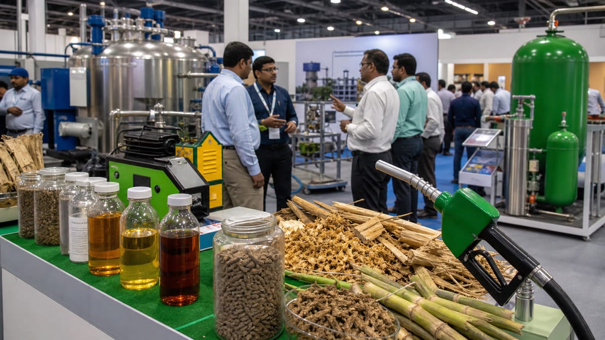 Biofuel expo display with ethanol samples, biomass feedstock and clean fuel machinery