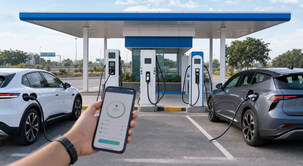 Modern EV charging station with two electric cars and a smartphone app representing Bolt.Earth and ChargeZone interoperability