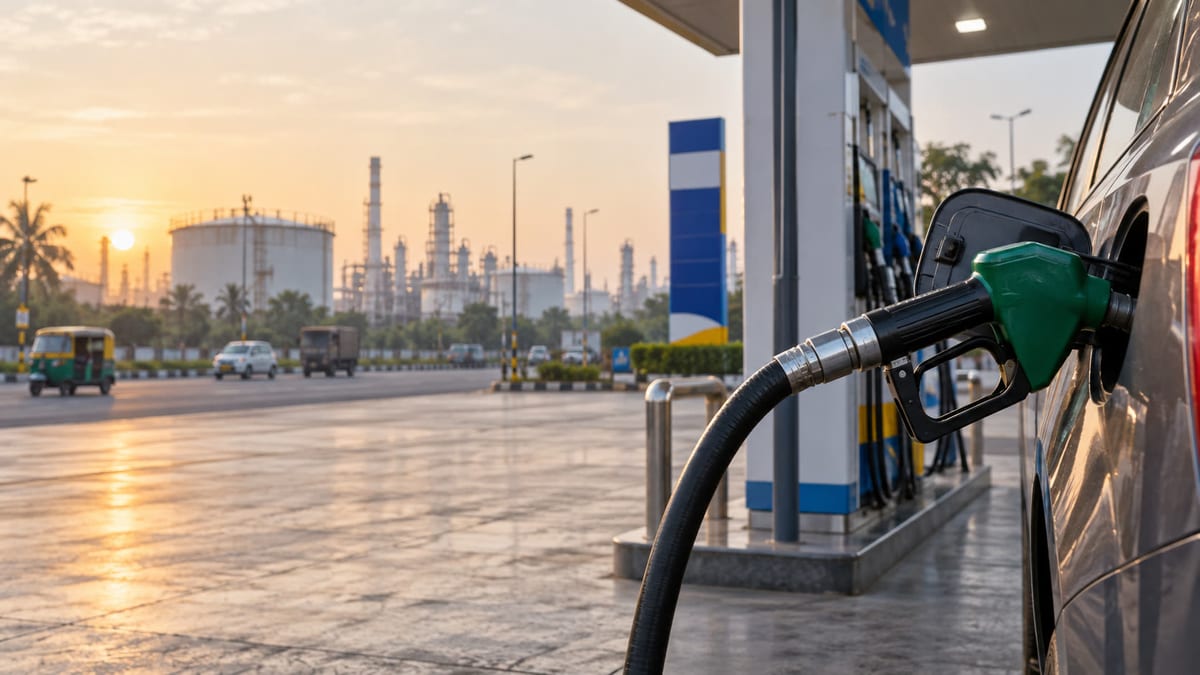 Petrol nozzle at an Indian fuel station with an oil refinery in the background