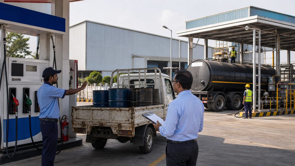 Retail fuel pump redirecting an industrial bulk diesel buyer to a separate tanker supply route