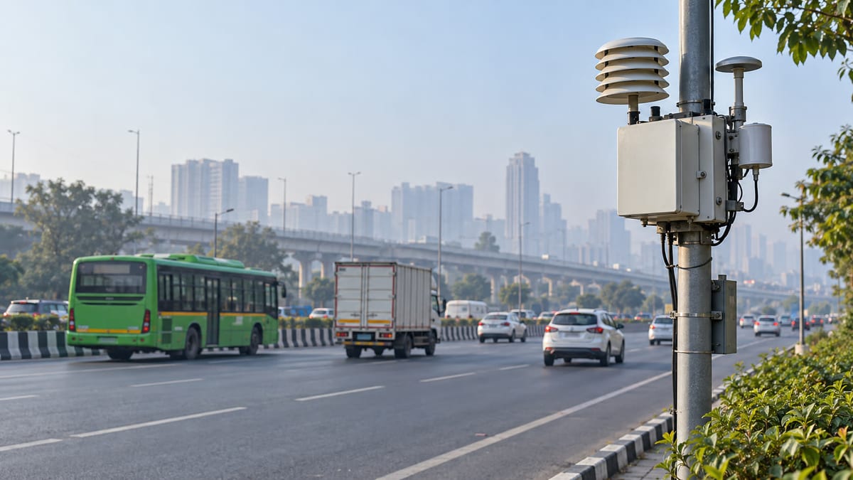 Air-quality monitoring equipment beside Delhi-NCR traffic with a bus and goods vehicle on a divided road