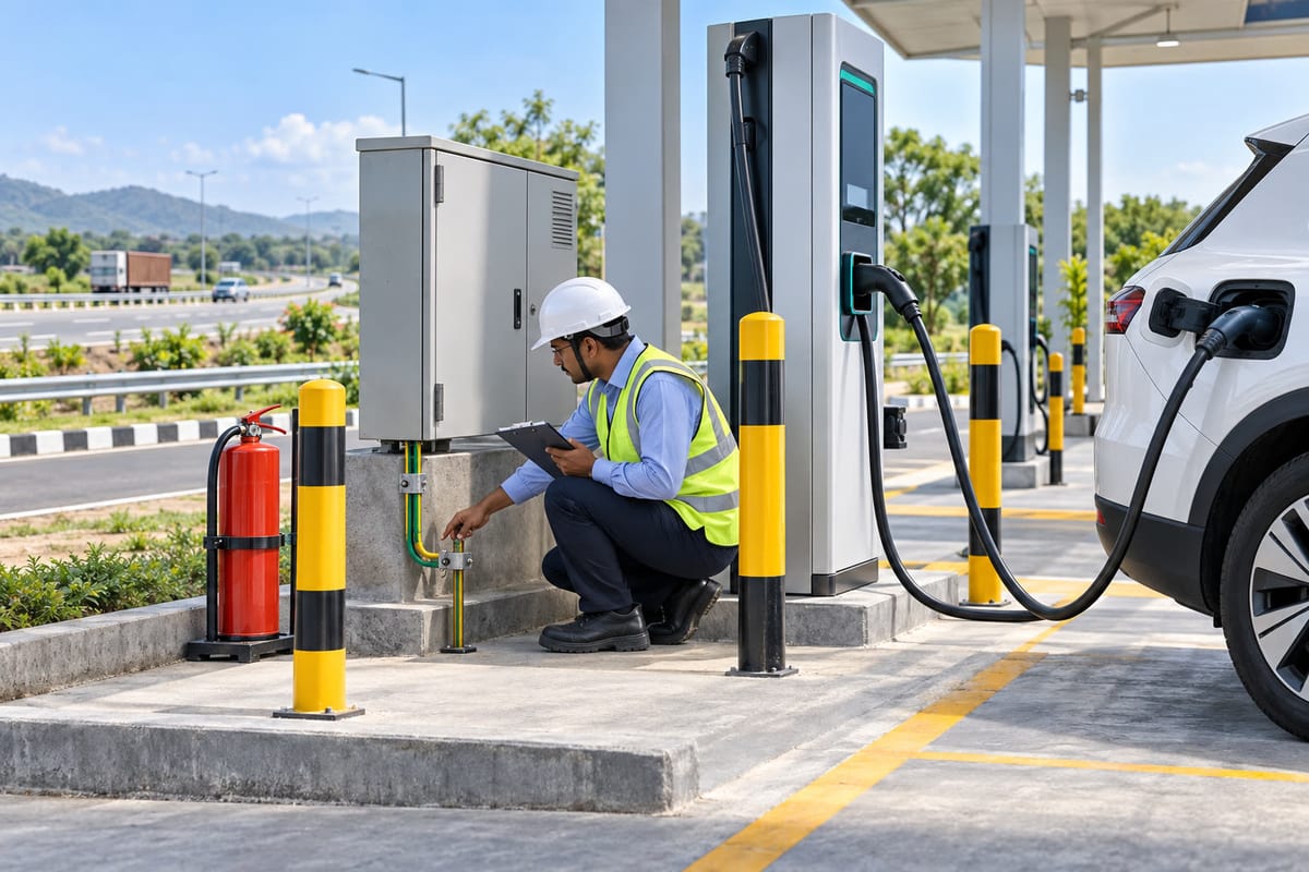 Illustrative EV charging bay with an inspector checking earthing and fire-safety equipment