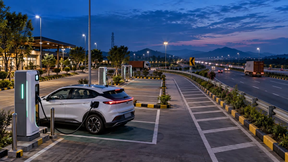 Generic electric car charging at an Indian urban fast-charging station while a driver checks a map with charging locations