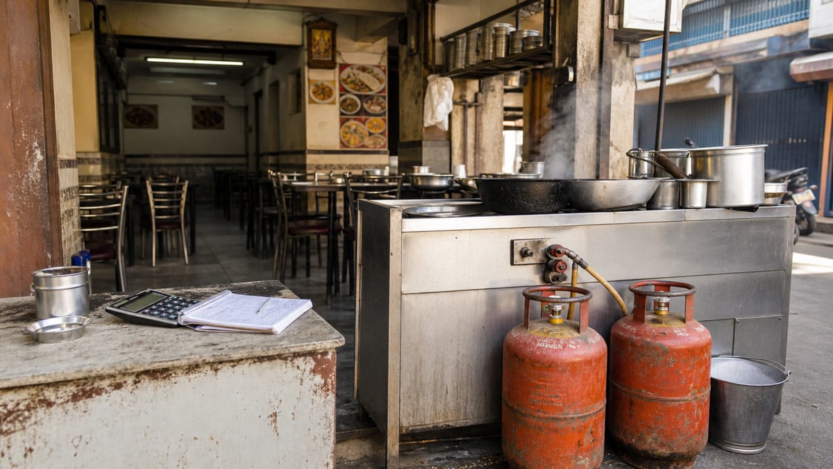 Commercial LPG cylinders outside an Indian restaurant kitchen after the June 2026 price revision