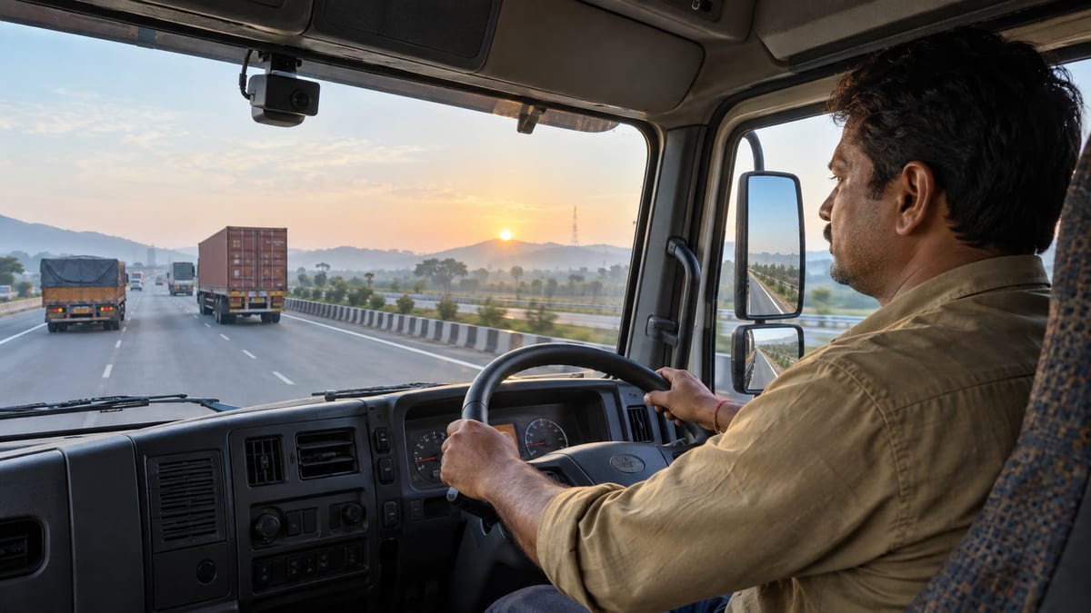 Commercial truck driver on an Indian highway with a dashboard-mounted driver-monitoring camera