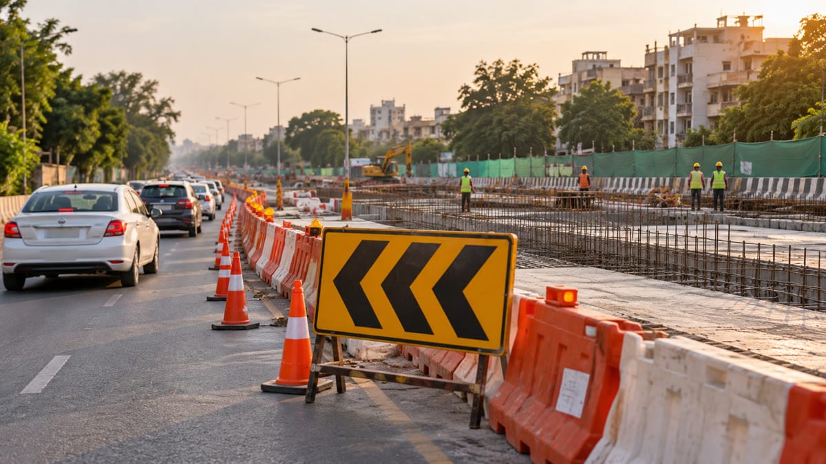 Illustrative view of a Delhi urban road narrowed by RCC construction barricades and slow-moving traffic