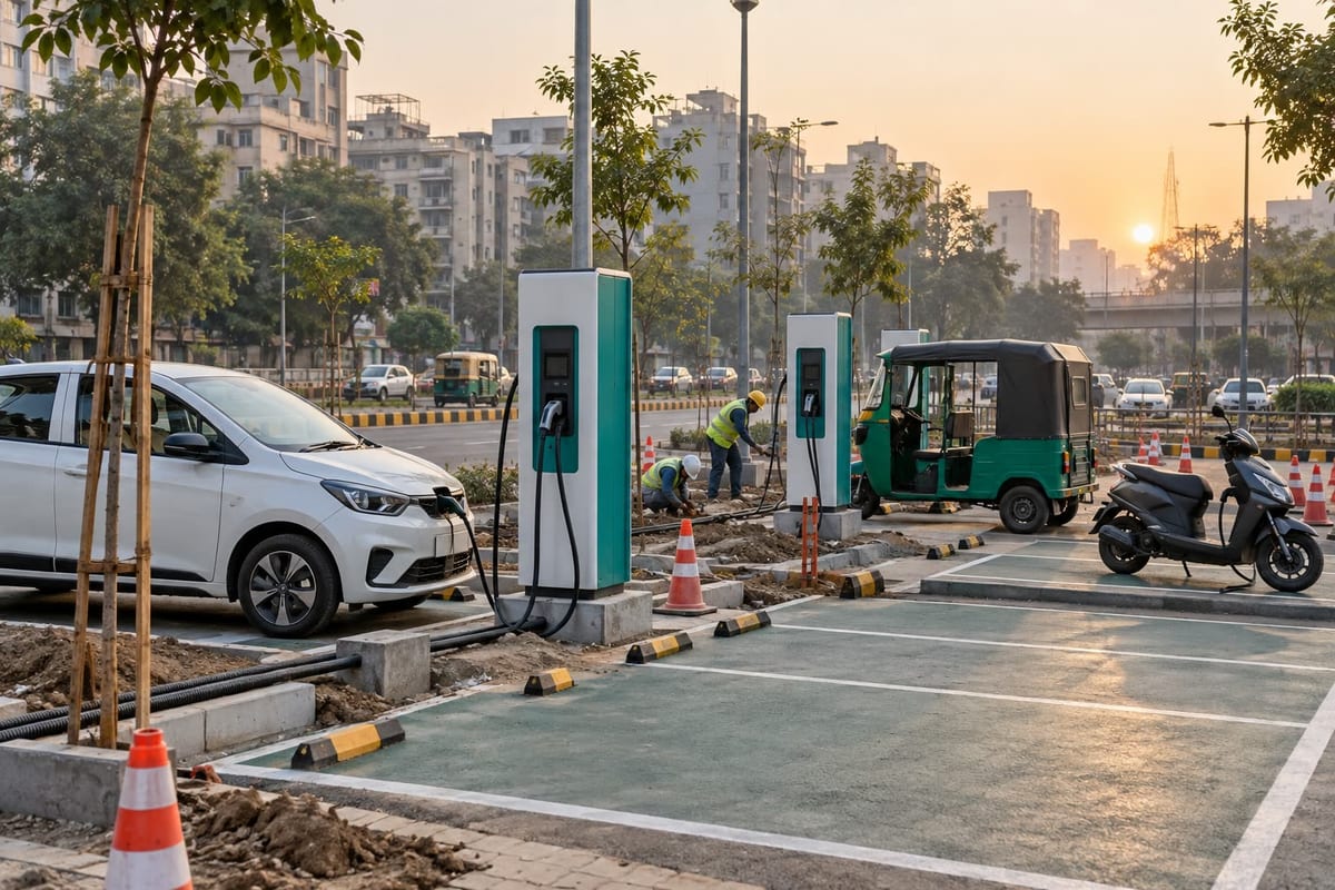 Representative Delhi EV charging site under preparation with a car, e-rickshaw and scooter