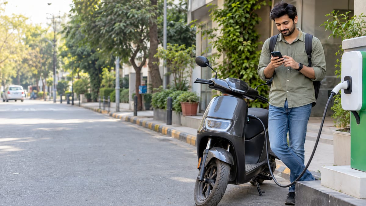 Delhi electric scooter owner checking a digital EV subsidy application beside a charging point