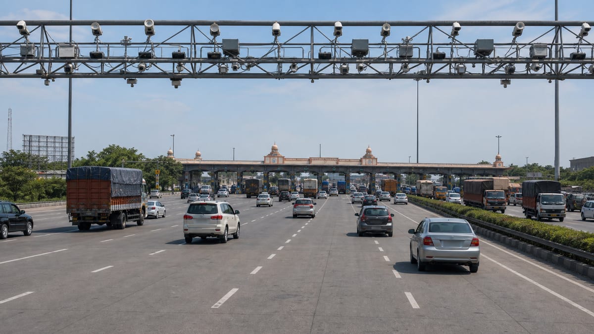Commercial vehicles pass below MLFF camera gantries at a Delhi-style toll corridor