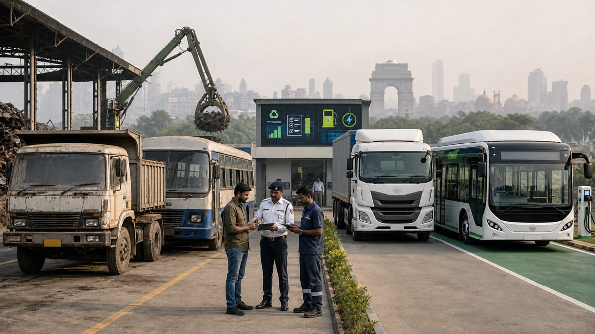 Old truck and bus at an inspection yard beside cleaner BS-VI and electric commercial vehicles in Delhi-NCR