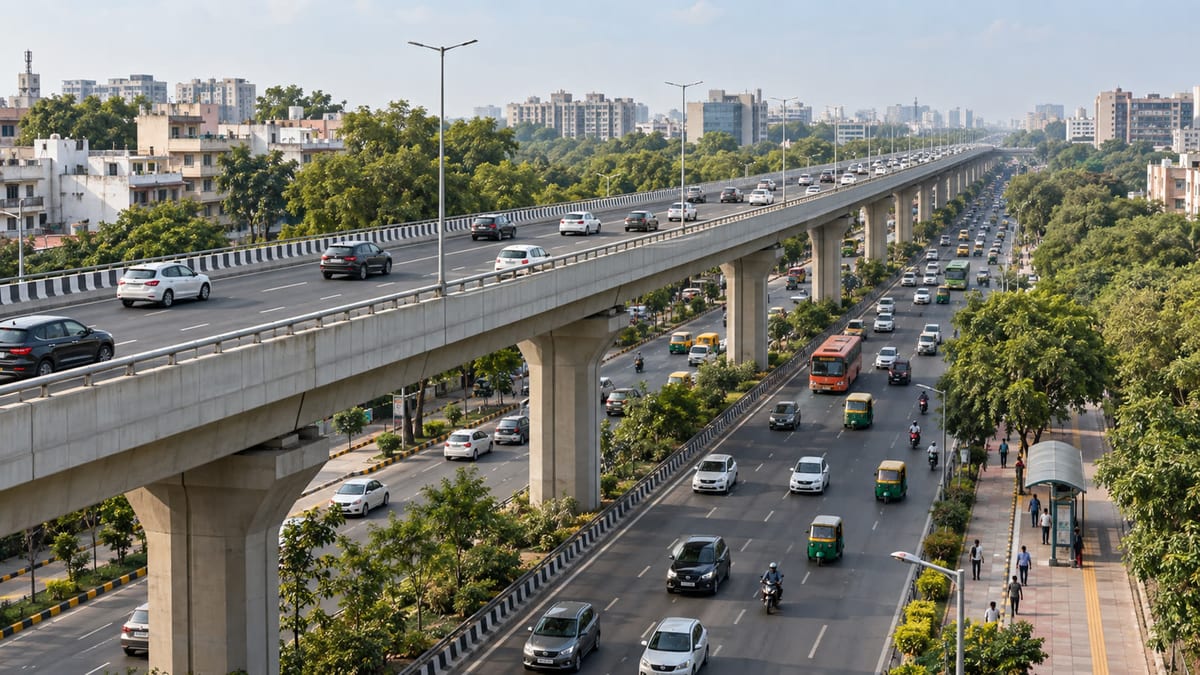 Illustration of an elevated corridor carrying traffic above a busy Delhi urban road