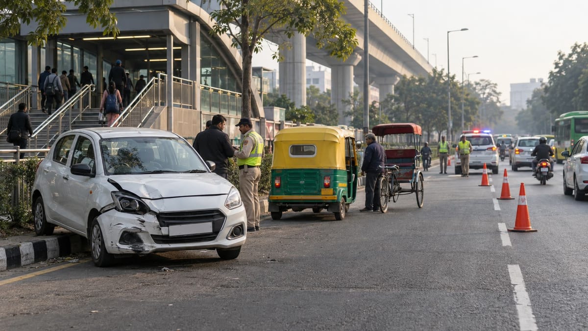 Non-graphic editorial illustration of traffic police managing a Delhi road near a metro station after a collision