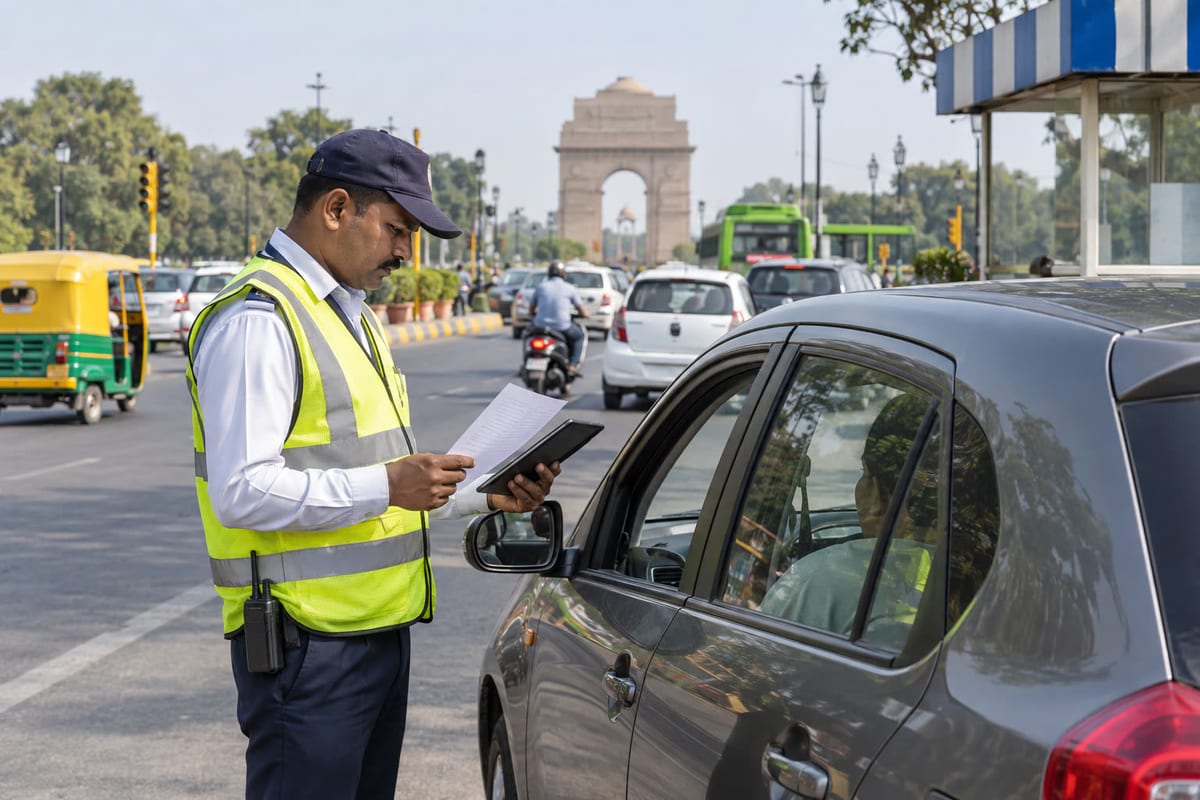Traffic enforcement officer reviews a generic challan notice beside a car on a Delhi road