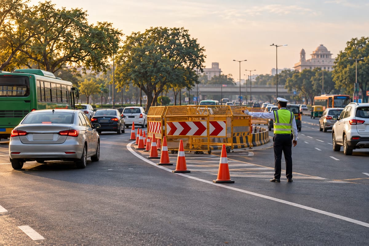 Illustrative Delhi traffic diversion with barricades, cones and a traffic police officer directing vehicles