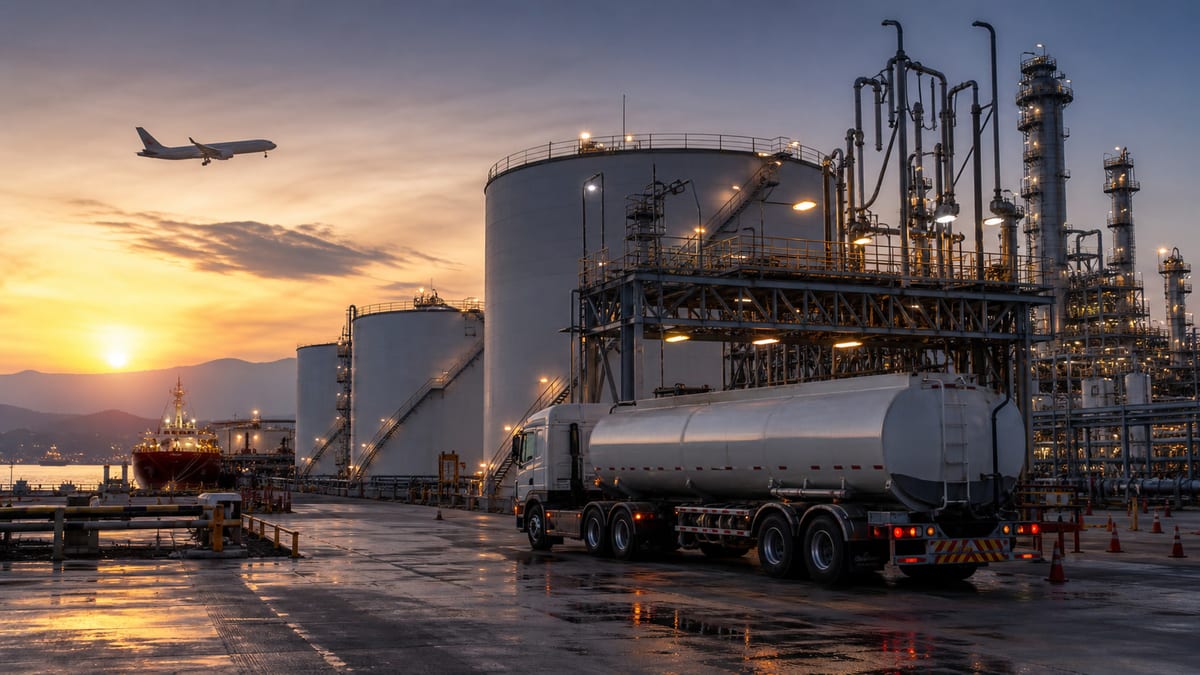 Refinery export terminal with fuel tanker and aviation context showing diesel and ATF policy impact