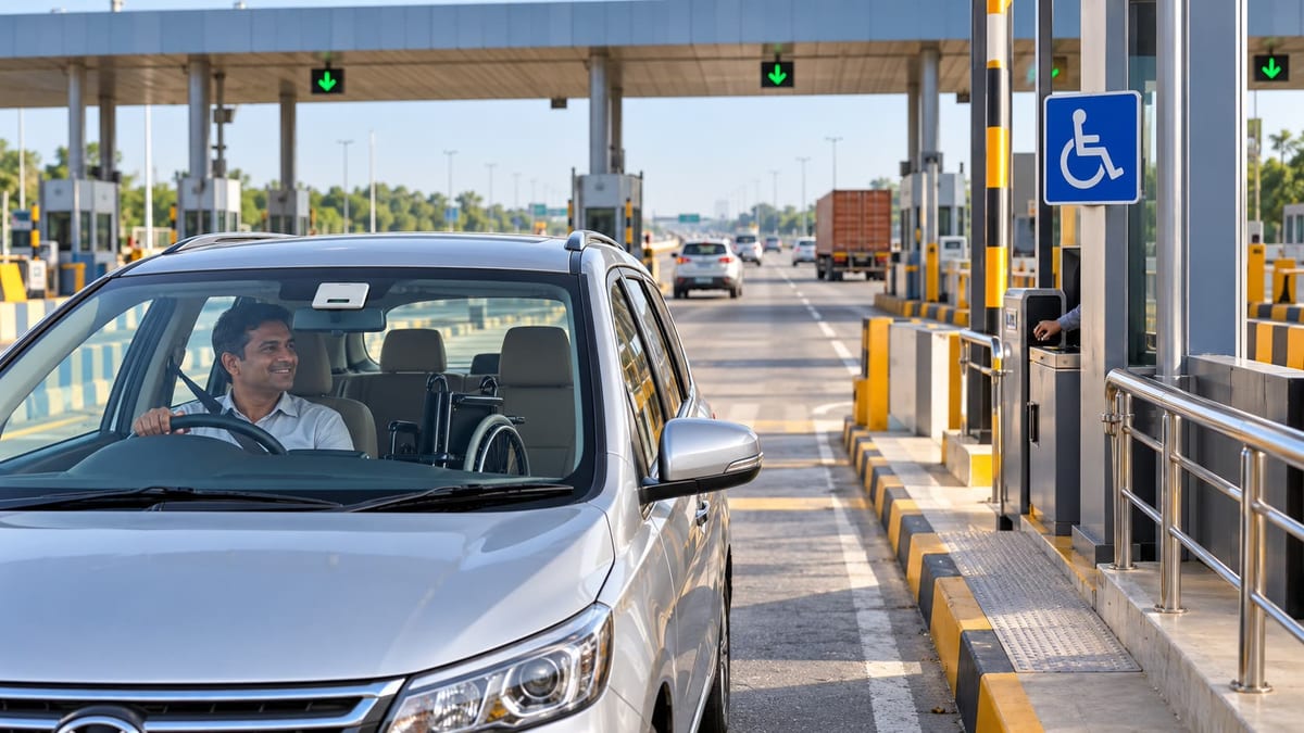 Illustrative Indian toll plaza with an adapted car approaching an accessible lane and a FASTag on the windshield