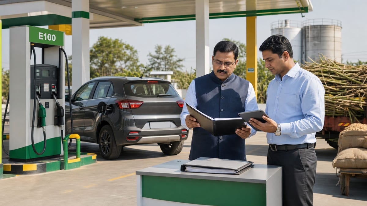 E100 ethanol pump with unbranded flex-fuel car and approval review at Indian fuel station