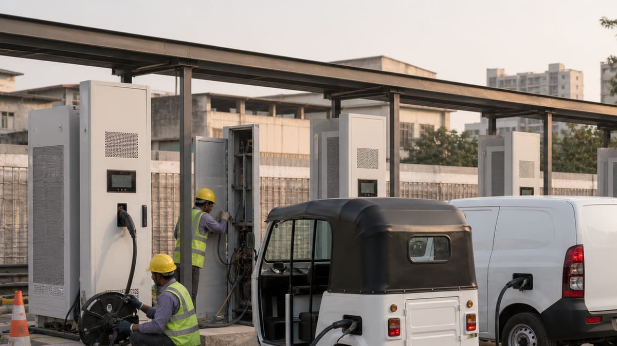 Commercial electric vehicles charging at a rapid charging hub in India