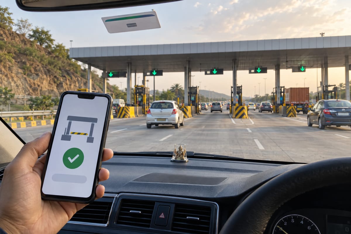 Driver checks a digital toll pass while approaching an Indian highway toll plaza
