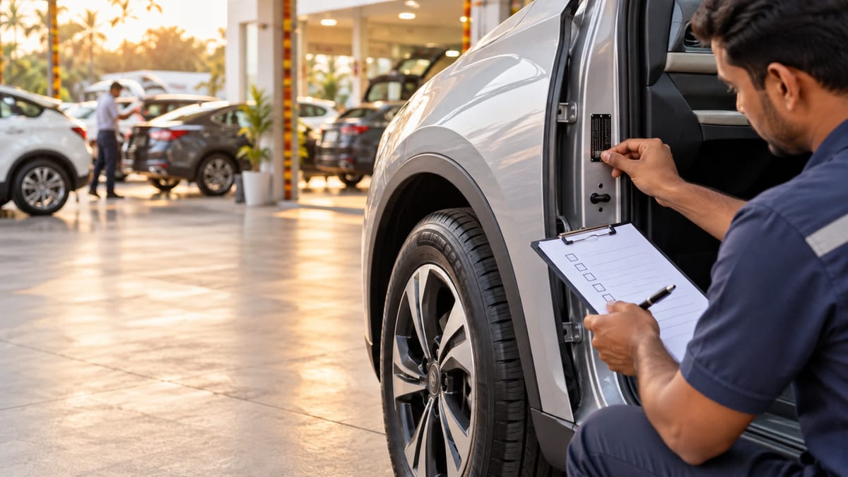 Representative pre-delivery inspection of a generic new car at an Indian dealership, with other vehicles blurred in the background