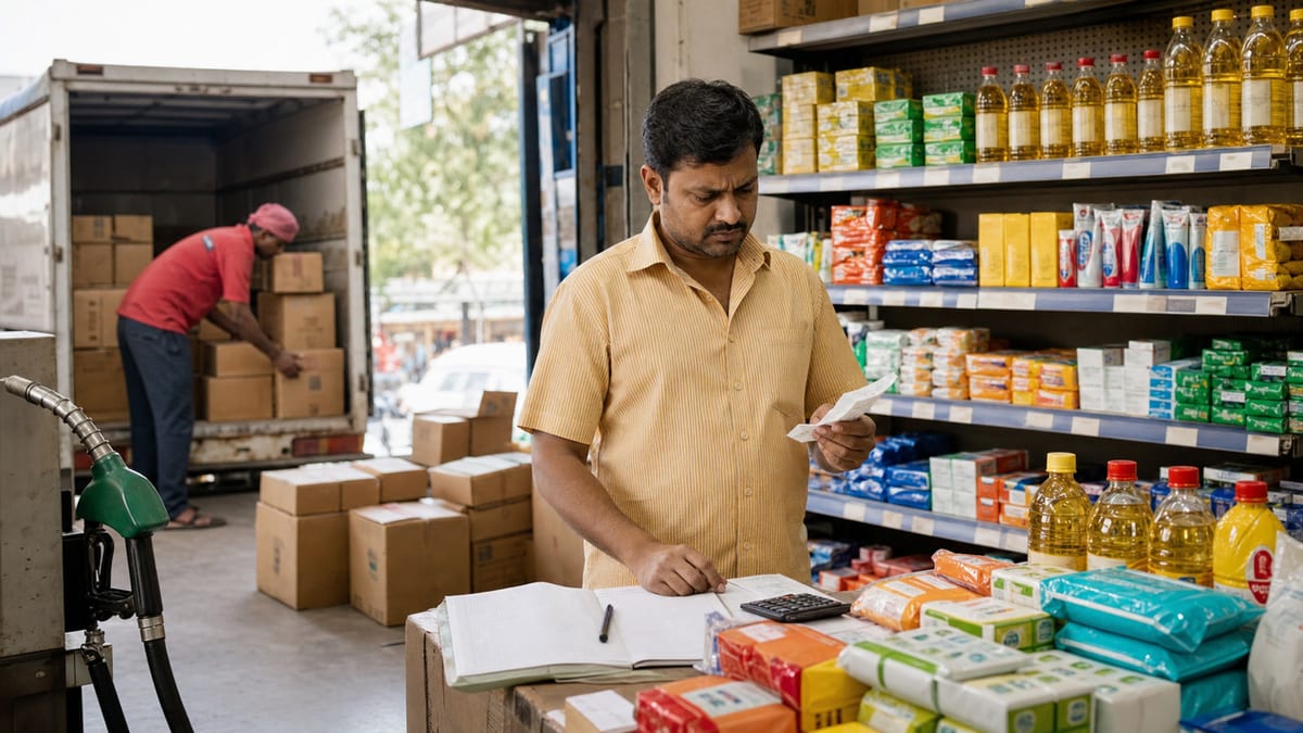Indian shopkeeper reviewing bills as FMCG essentials arrive after higher fuel and logistics costs