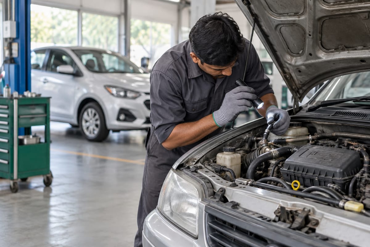 Mechanic inspecting fuel-system hoses under the bonnet of a petrol car in an Indian service bay