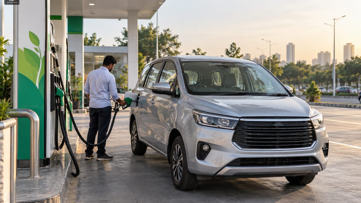 Unbranded family MPV being refuelled with a green ethanol nozzle at an Indian fuel station