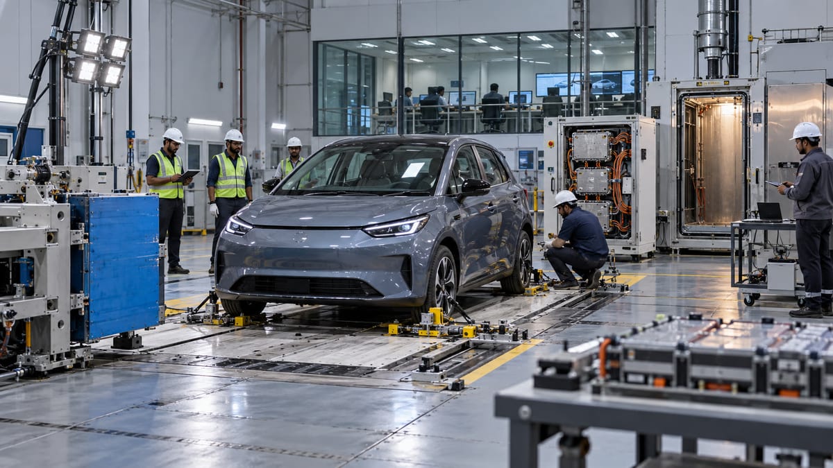 Electric vehicle undergoing testing inside an Indian automotive safety and battery laboratory