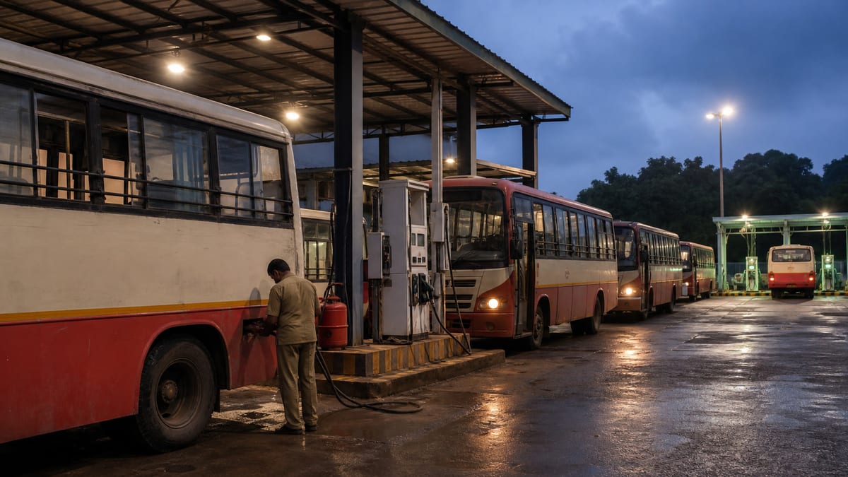 Goa state bus depot with public buses refuelling on diesel