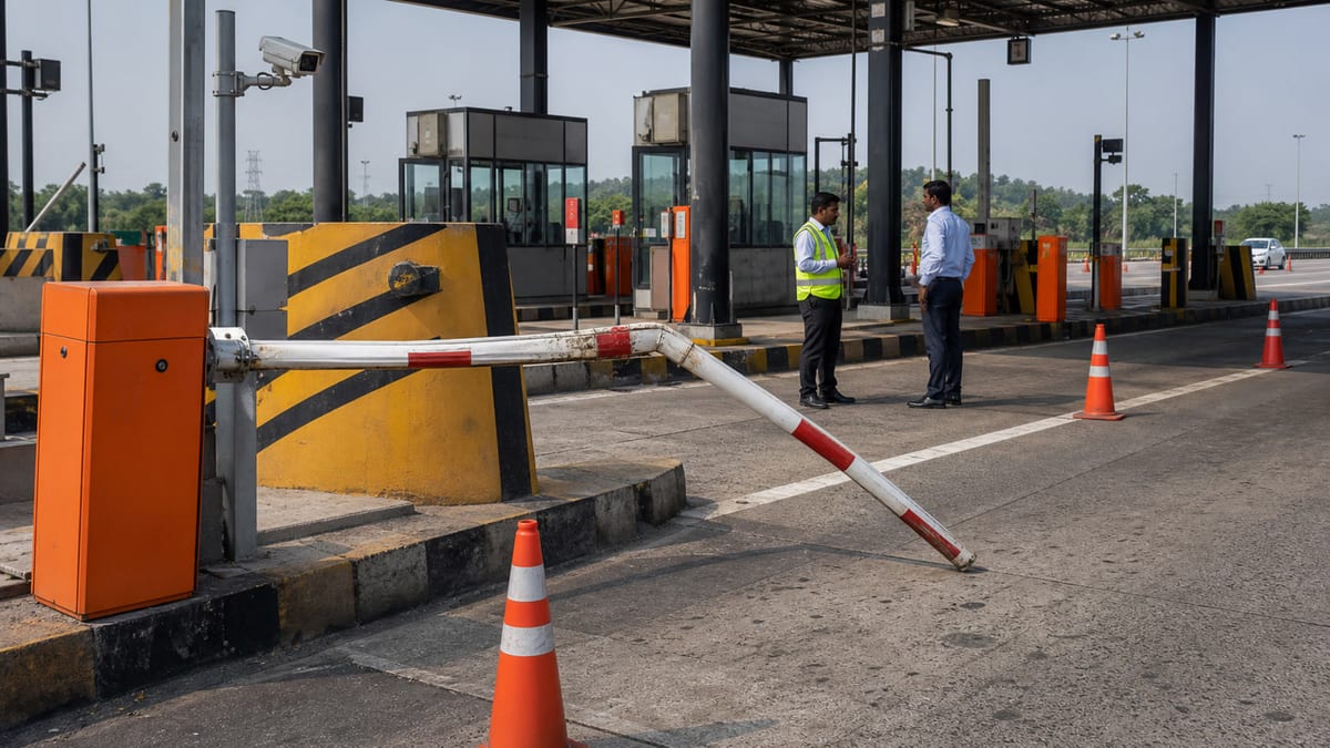 Damaged toll plaza barrier with staff discussing safety at an Indian highway toll booth