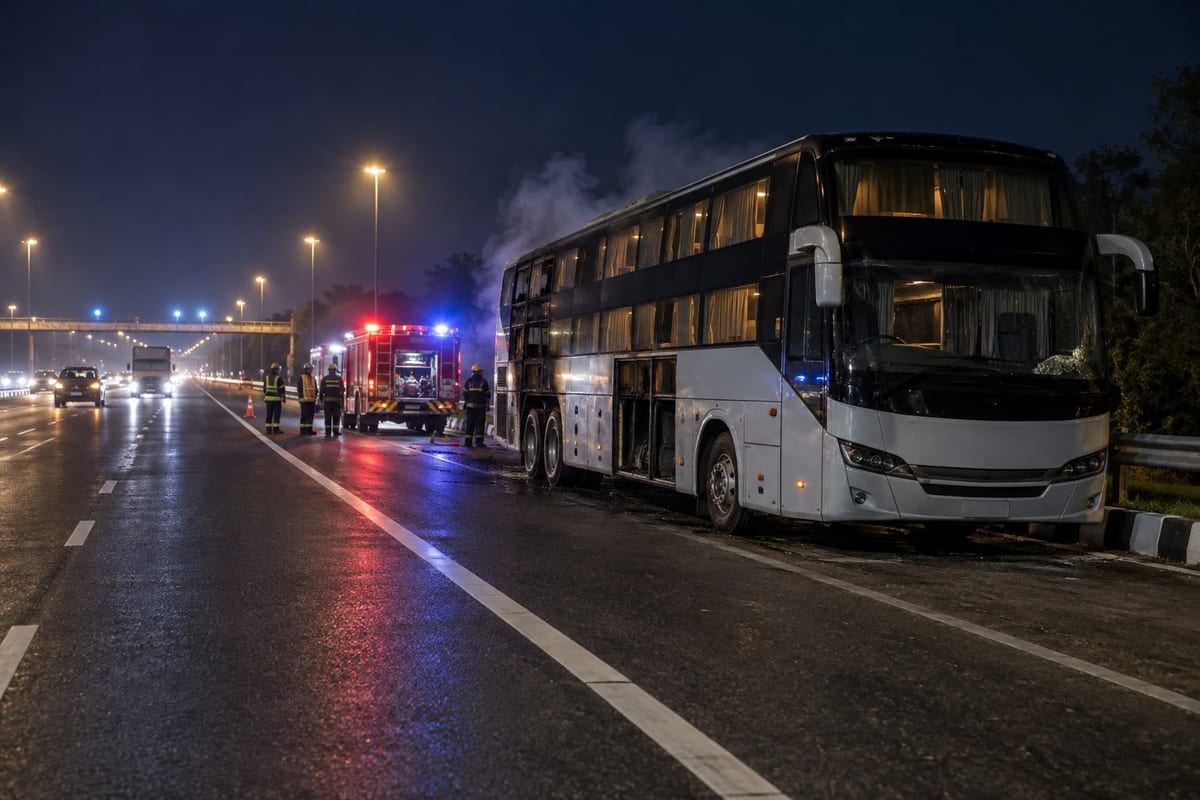 Generic sleeper coach stopped on an expressway shoulder during a non-graphic emergency response at night