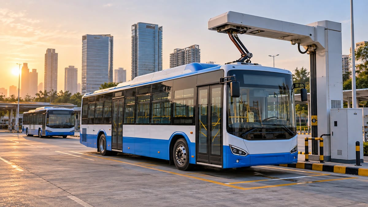Illustrative electric city bus charging at a Gurugram-style urban depot