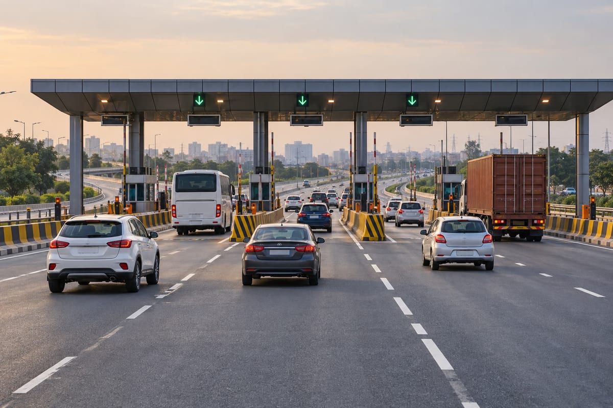 Representative illustration of traffic approaching a toll plaza on an urban Haryana corridor