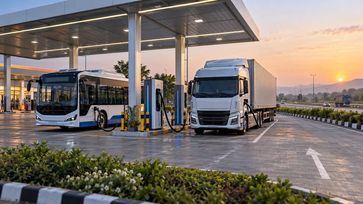 Illustrative highway charging hub with an electric bus and freight truck charging