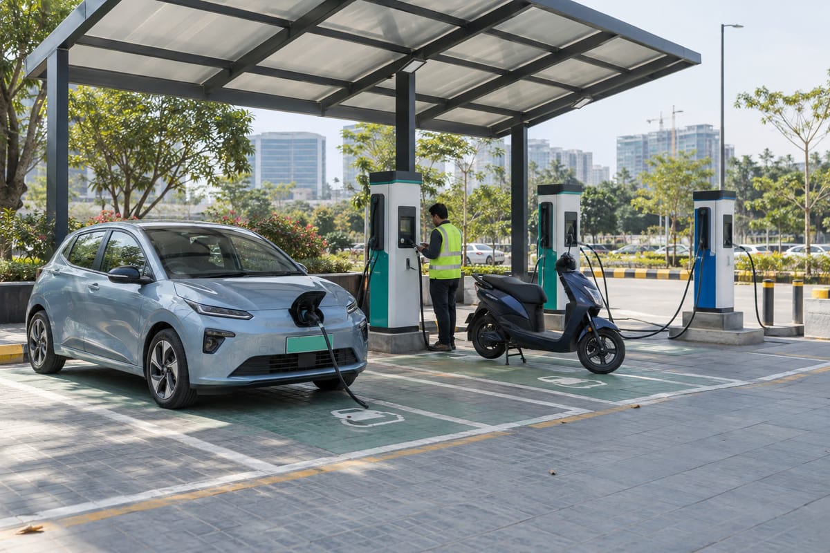 Generic electric car and scooter charging at a covered public station in Hyderabad
